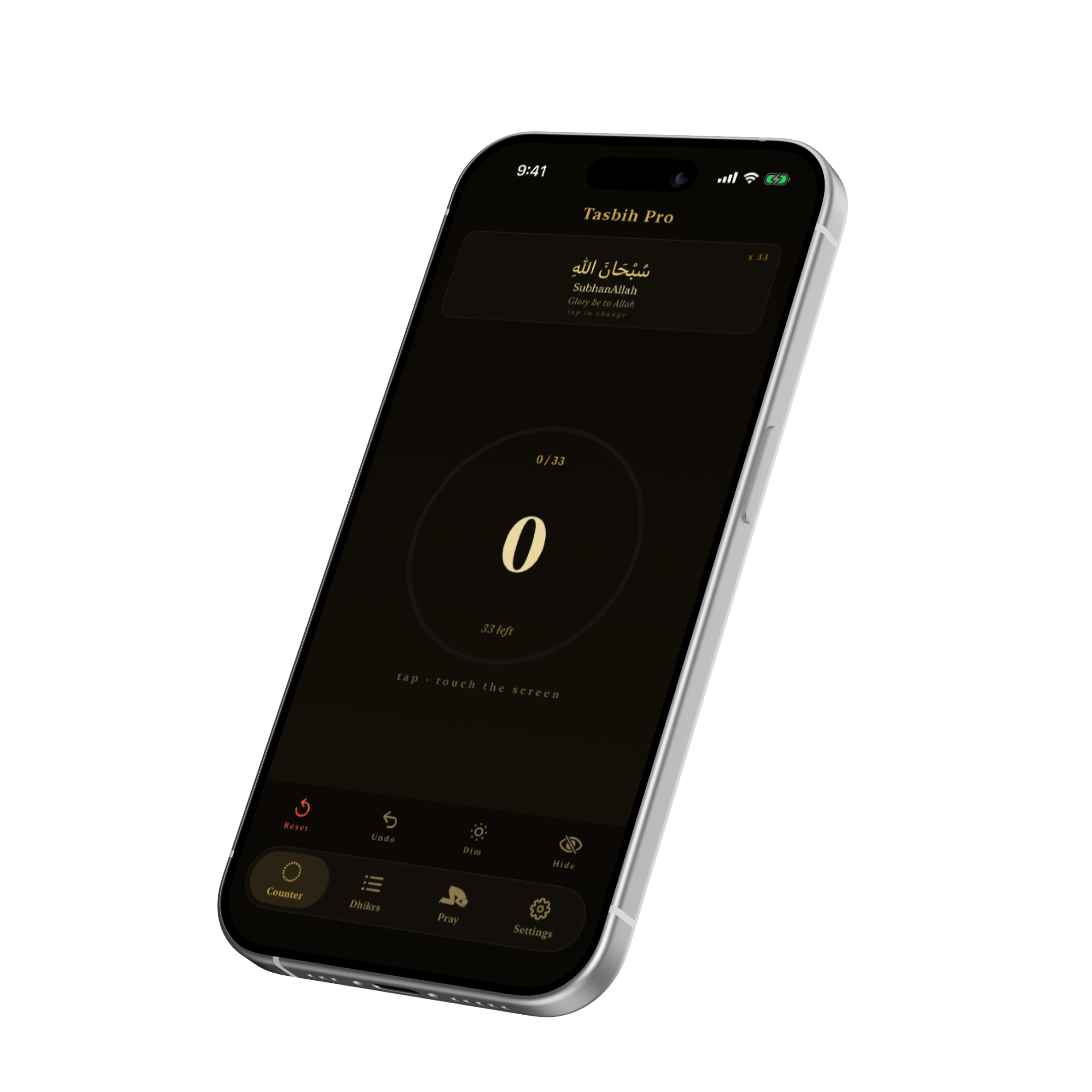 Tasbih Pro dhikr counter shown on an iPhone